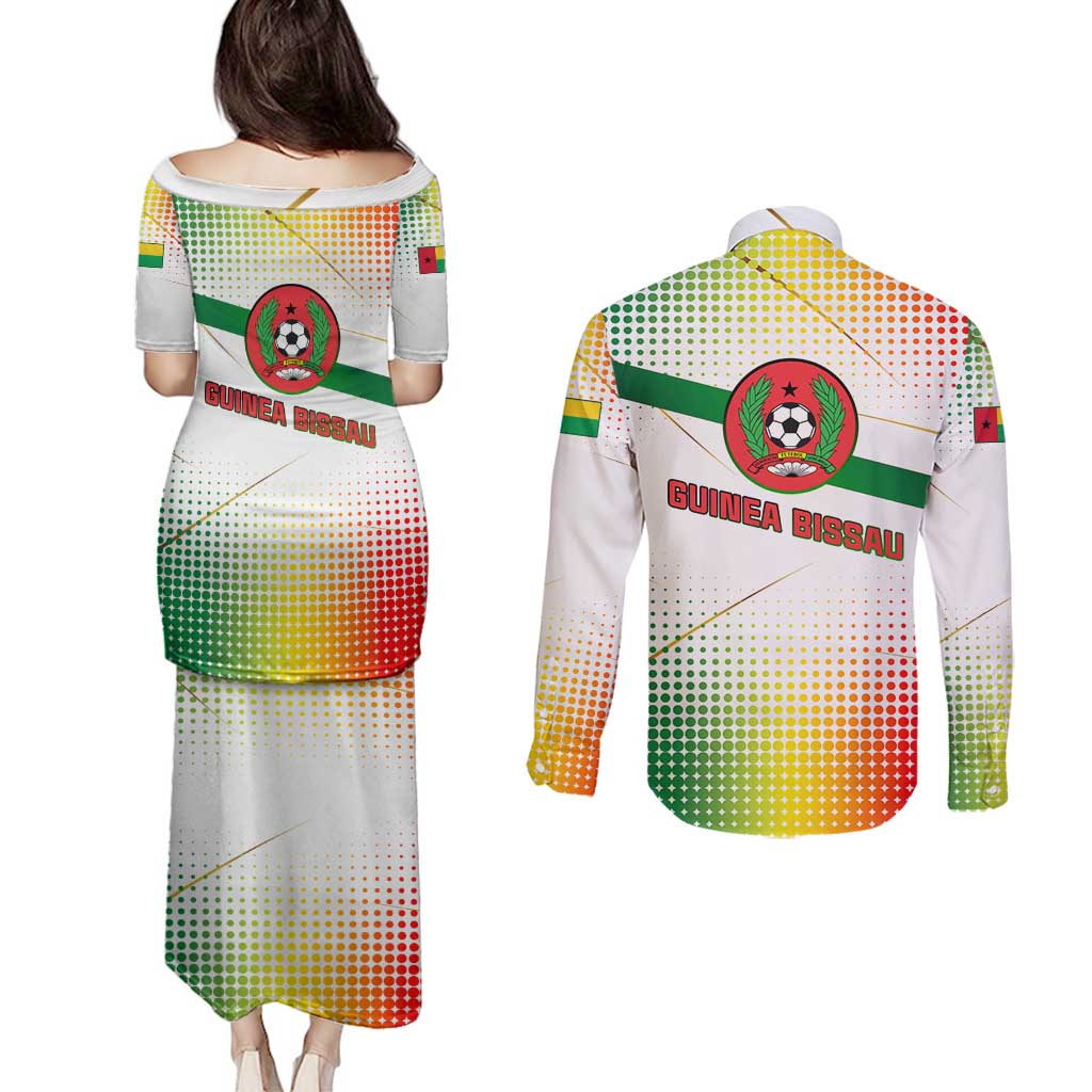 Guinea Bissau Couples Matching Puletasi and Long Sleeve Button Shirt with White Green Red Gradient Design - Wonder Print Shop