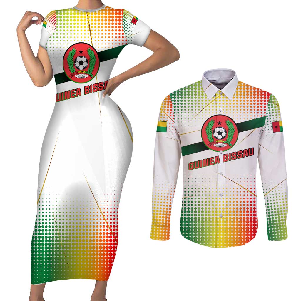 Guinea Bissau Couples Matching Short Sleeve Bodycon Dress and Long Sleeve Button Shirt with White Green Red Gradient Design - Wonder Print Shop