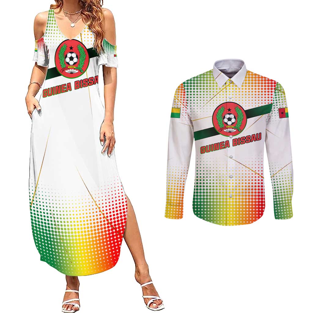 Guinea Bissau Couples Matching Summer Maxi Dress and Long Sleeve Button Shirt with White Green Red Gradient Design - Wonder Print Shop