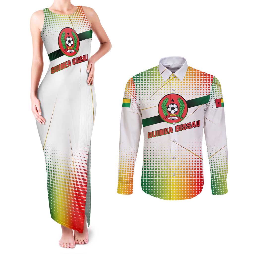 Guinea Bissau Couples Matching Tank Maxi Dress and Long Sleeve Button Shirt with White Green Red Gradient Design - Wonder Print Shop