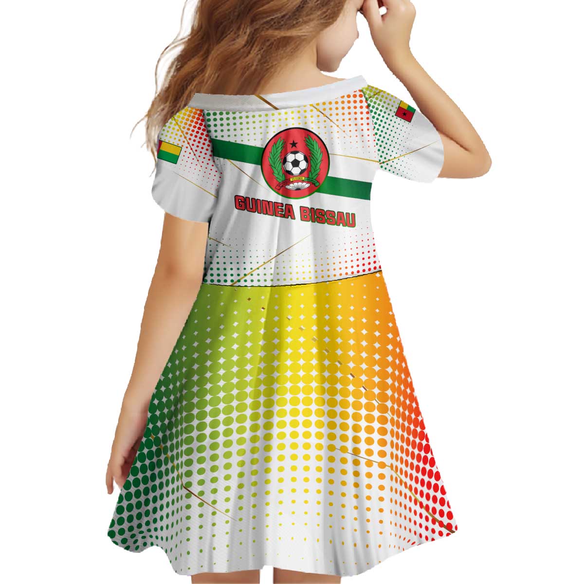 Guinea Bissau Family Matching Off The Shoulder Long Sleeve Dress and Hawaiian Shirt with White Green Red Gradient Design - Wonder Print Shop