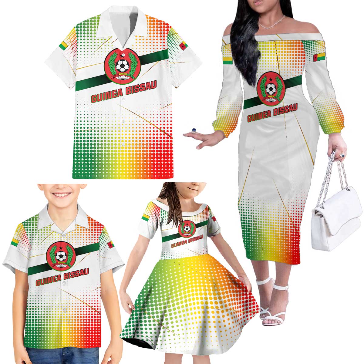 Guinea Bissau Family Matching Off The Shoulder Long Sleeve Dress and Hawaiian Shirt with White Green Red Gradient Design - Wonder Print Shop