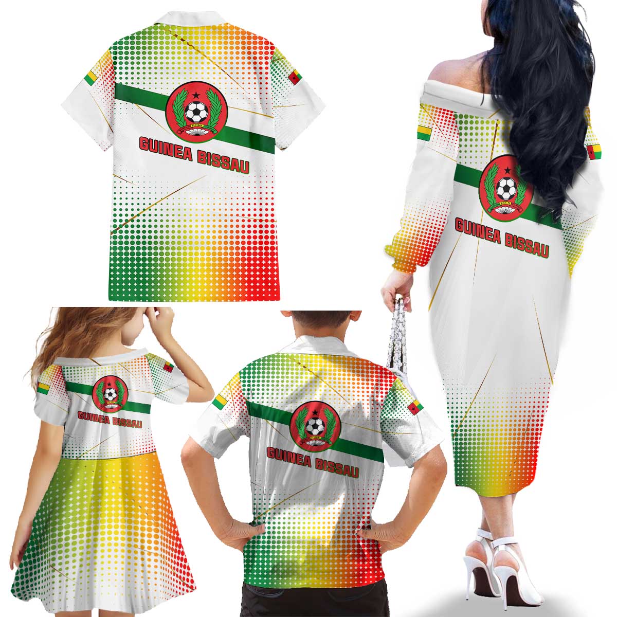 Guinea Bissau Family Matching Off The Shoulder Long Sleeve Dress and Hawaiian Shirt with White Green Red Gradient Design - Wonder Print Shop