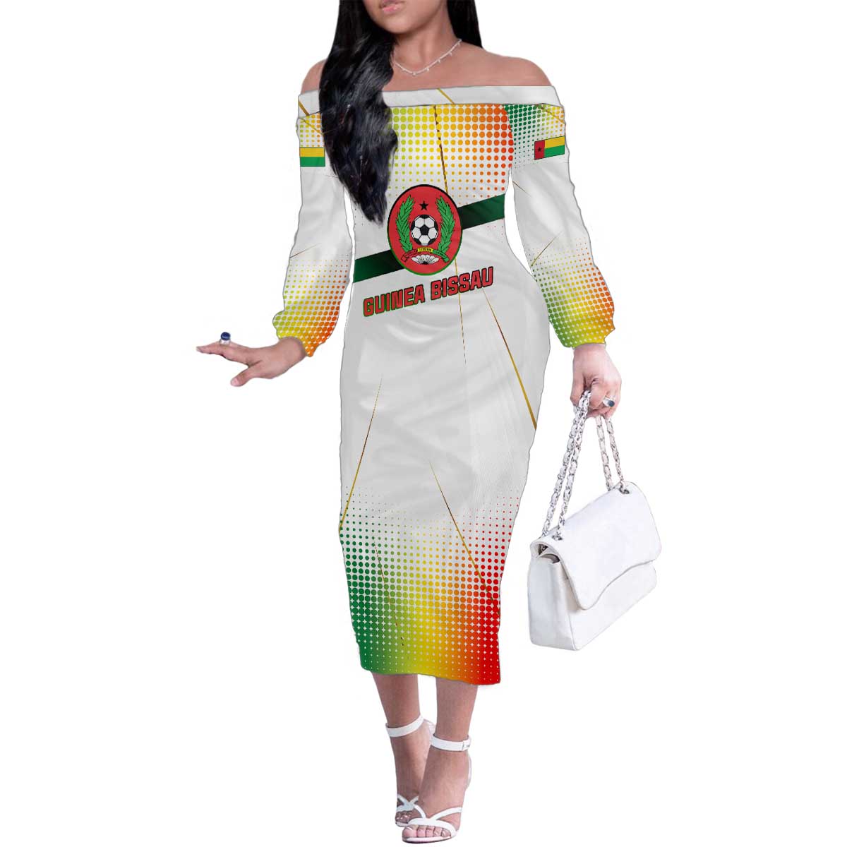 Guinea Bissau Family Matching Off The Shoulder Long Sleeve Dress and Hawaiian Shirt with White Green Red Gradient Design - Wonder Print Shop