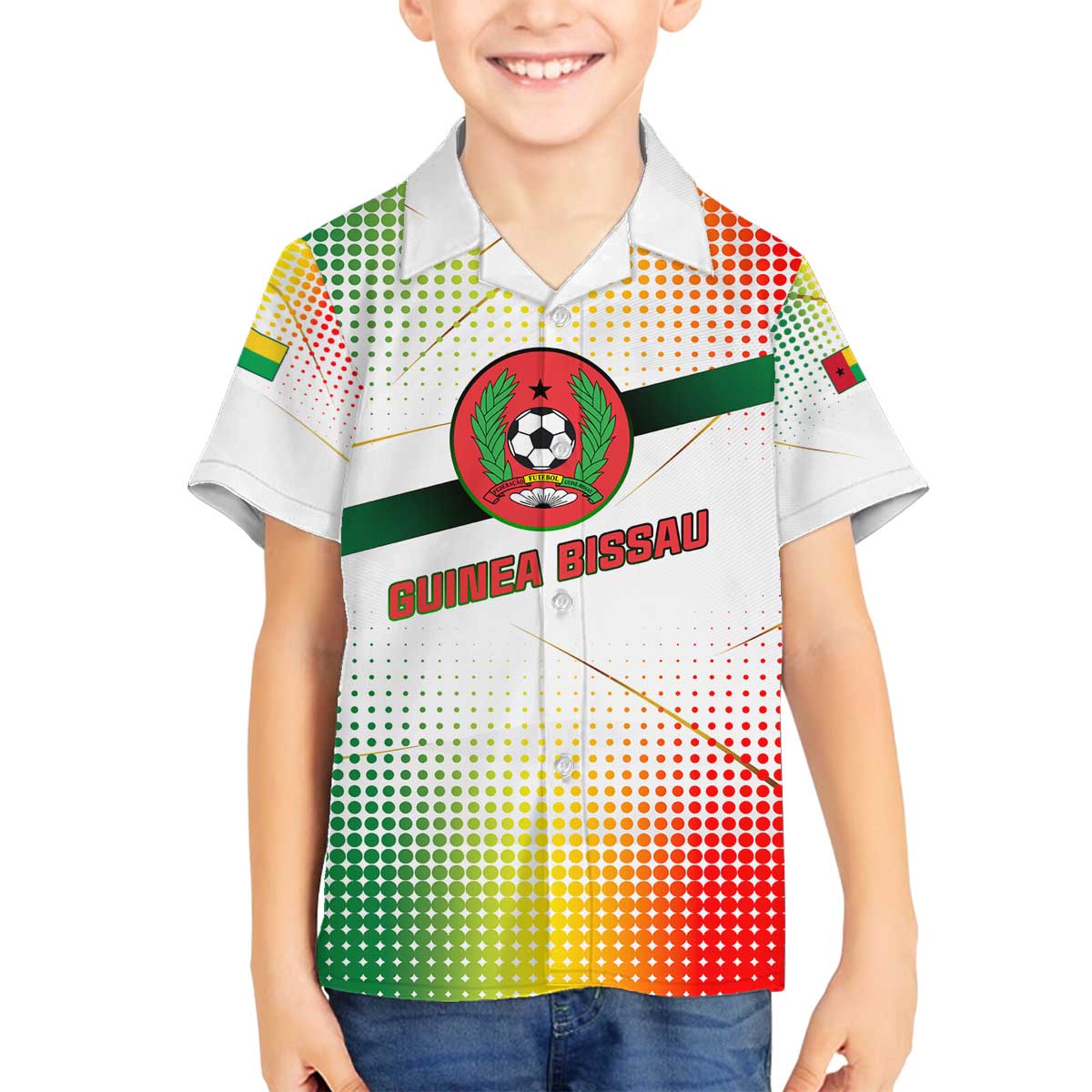 Guinea Bissau Family Matching Off The Shoulder Long Sleeve Dress and Hawaiian Shirt with White Green Red Gradient Design - Wonder Print Shop