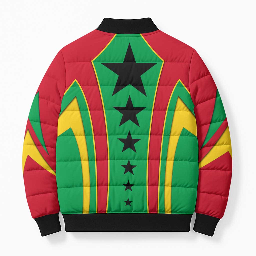 Guinea Bissau Bomber Puffer Jacket with Red Green Yellow Stripe Design and Black Star - Wonder Print Shop