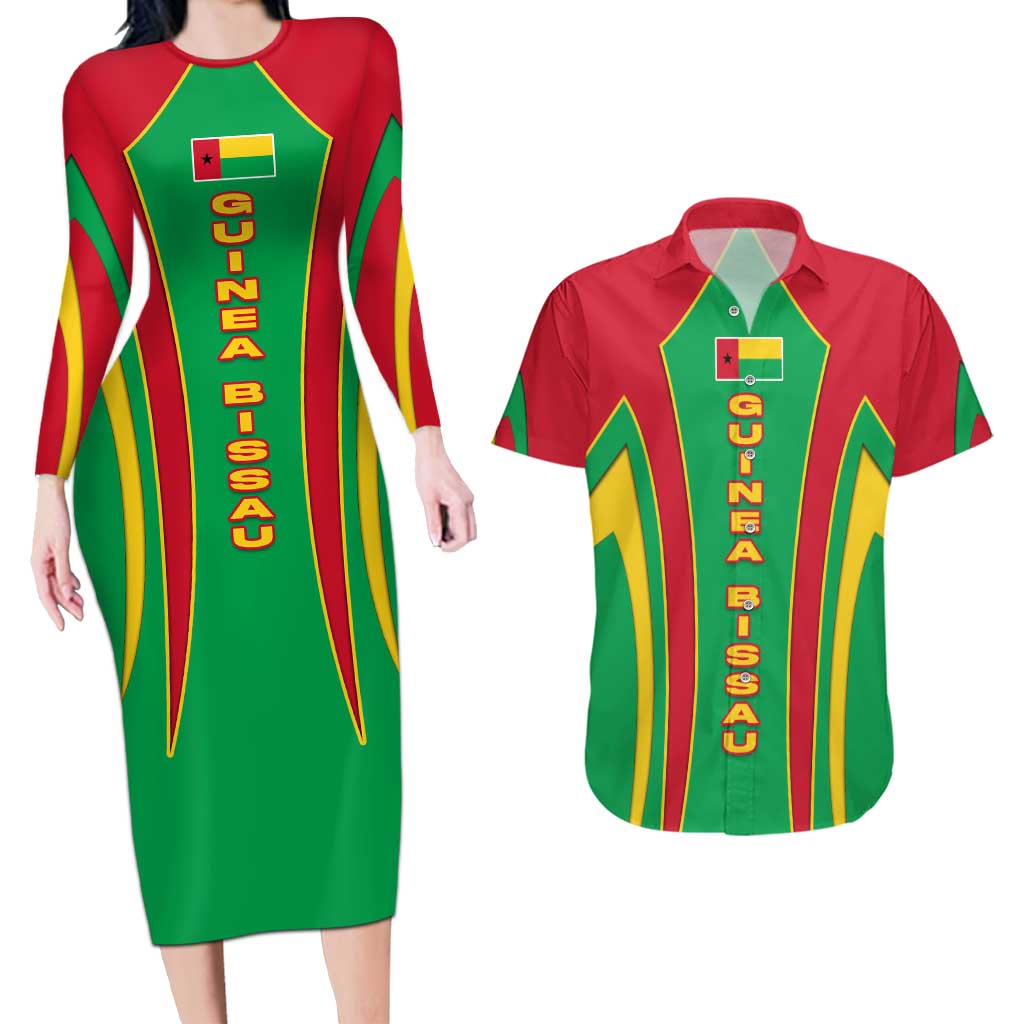 Guinea Bissau Couples Matching Long Sleeve Bodycon Dress and Hawaiian Shirt with Red Green Yellow Stripe Design and Black Star - Wonder Print Shop