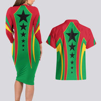 Guinea Bissau Couples Matching Long Sleeve Bodycon Dress and Hawaiian Shirt with Red Green Yellow Stripe Design and Black Star - Wonder Print Shop