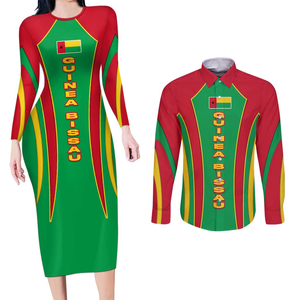 Guinea Bissau Couples Matching Long Sleeve Bodycon Dress and Long Sleeve Button Shirt with Red Green Yellow Stripe Design and Black Star - Wonder Print Shop