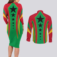 Guinea Bissau Couples Matching Long Sleeve Bodycon Dress and Long Sleeve Button Shirt with Red Green Yellow Stripe Design and Black Star - Wonder Print Shop