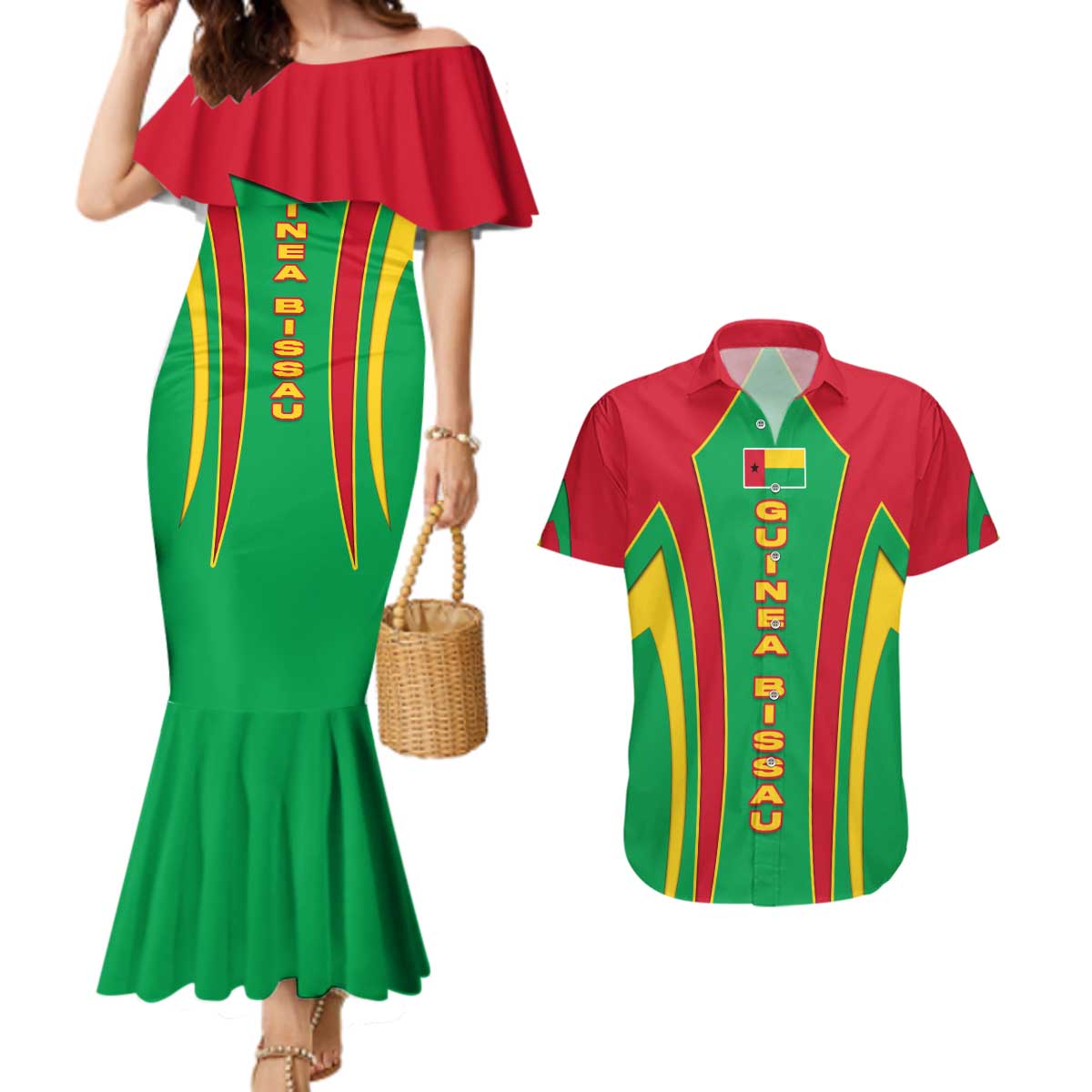 Guinea Bissau Couples Matching Mermaid Dress and Hawaiian Shirt with Red Green Yellow Stripe Design and Black Star - Wonder Print Shop