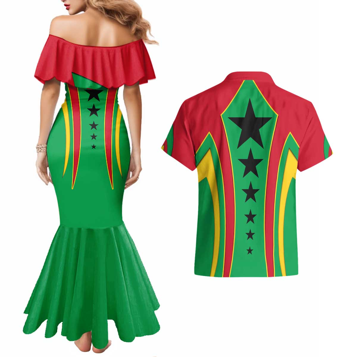 Guinea Bissau Couples Matching Mermaid Dress and Hawaiian Shirt with Red Green Yellow Stripe Design and Black Star - Wonder Print Shop