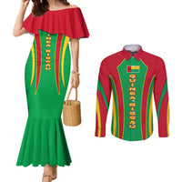 Guinea Bissau Couples Matching Mermaid Dress and Long Sleeve Button Shirt with Red Green Yellow Stripe Design and Black Star - Wonder Print Shop
