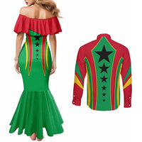 Guinea Bissau Couples Matching Mermaid Dress and Long Sleeve Button Shirt with Red Green Yellow Stripe Design and Black Star - Wonder Print Shop