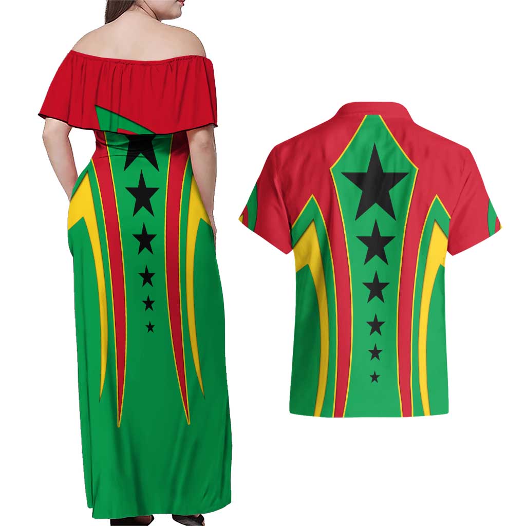 Guinea Bissau Couples Matching Off Shoulder Maxi Dress and Hawaiian Shirt with Red Green Yellow Stripe Design and Black Star - Wonder Print Shop