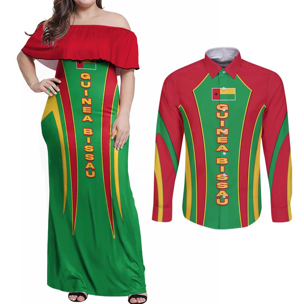 Guinea Bissau Couples Matching Off Shoulder Maxi Dress and Long Sleeve Button Shirt with Red Green Yellow Stripe Design and Black Star - Wonder Print Shop