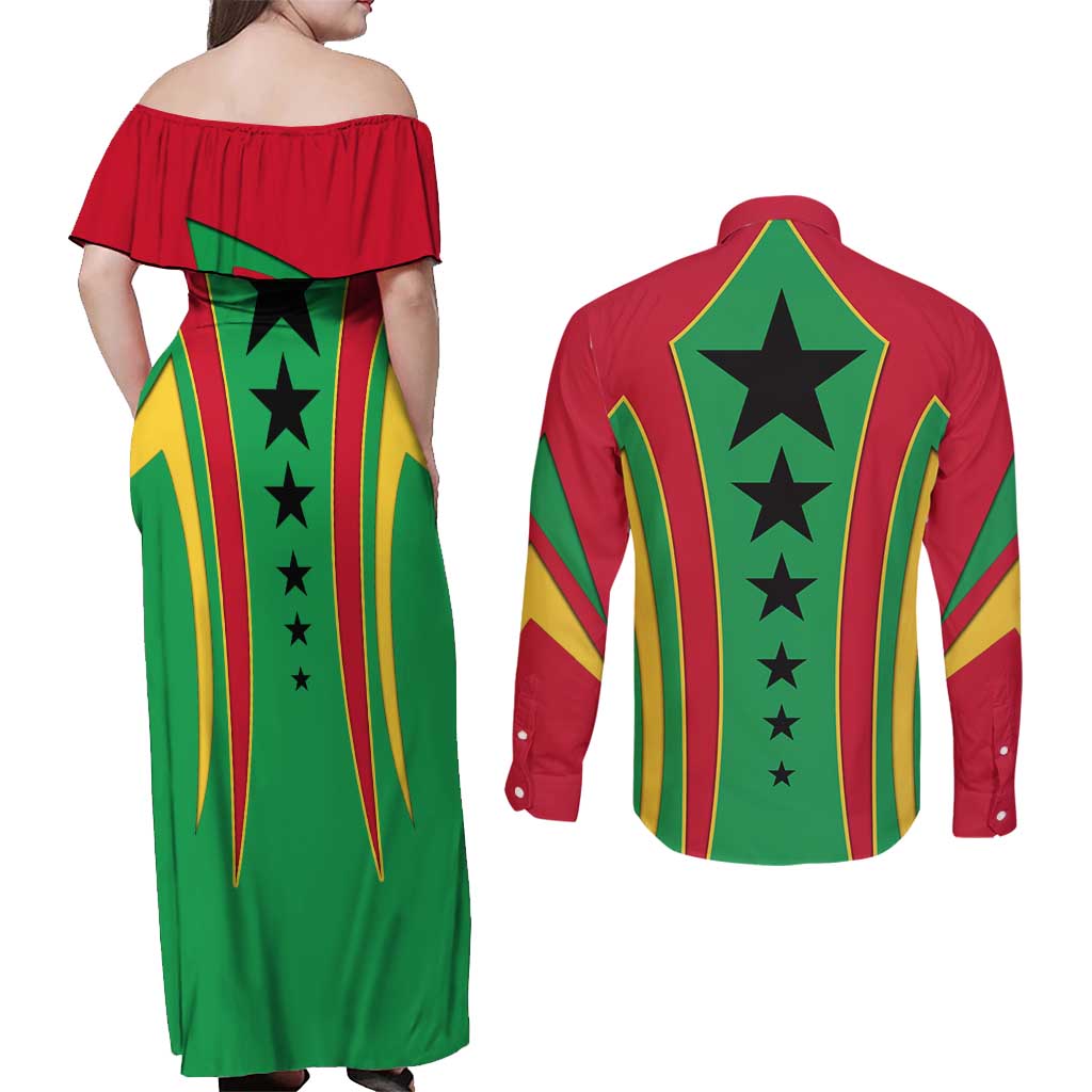 Guinea Bissau Couples Matching Off Shoulder Maxi Dress and Long Sleeve Button Shirt with Red Green Yellow Stripe Design and Black Star - Wonder Print Shop