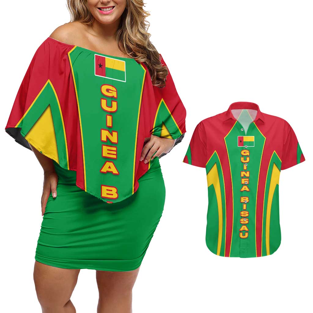 Guinea Bissau Couples Matching Off Shoulder Short Dress and Hawaiian Shirt with Red Green Yellow Stripe Design and Black Star - Wonder Print Shop