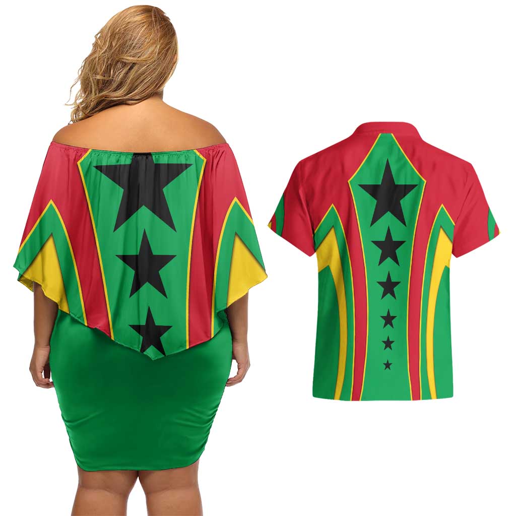 Guinea Bissau Couples Matching Off Shoulder Short Dress and Hawaiian Shirt with Red Green Yellow Stripe Design and Black Star - Wonder Print Shop