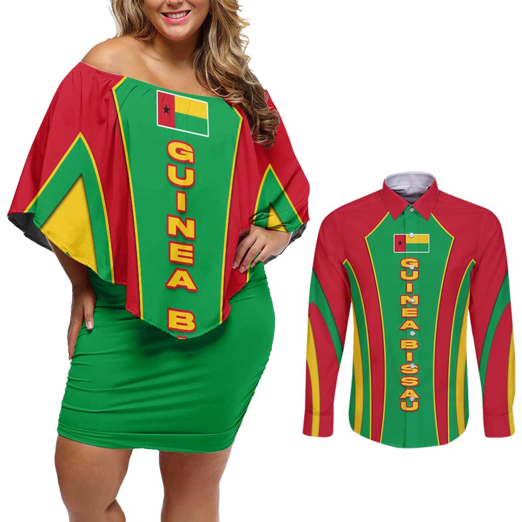 Guinea Bissau Couples Matching Off Shoulder Short Dress and Long Sleeve Button Shirt with Red Green Yellow Stripe Design and Black Star - Wonder Print Shop