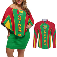 Guinea Bissau Couples Matching Off Shoulder Short Dress and Long Sleeve Button Shirt with Red Green Yellow Stripe Design and Black Star - Wonder Print Shop