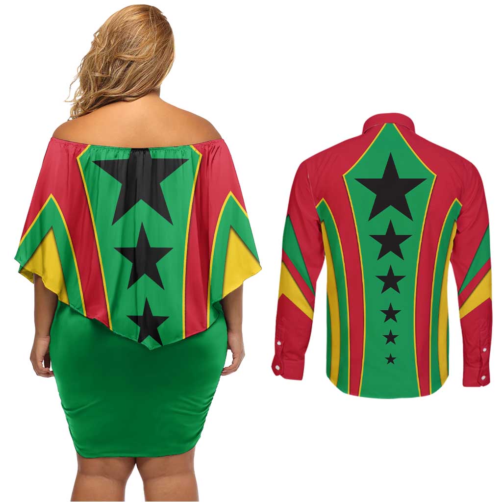 Guinea Bissau Couples Matching Off Shoulder Short Dress and Long Sleeve Button Shirt with Red Green Yellow Stripe Design and Black Star - Wonder Print Shop