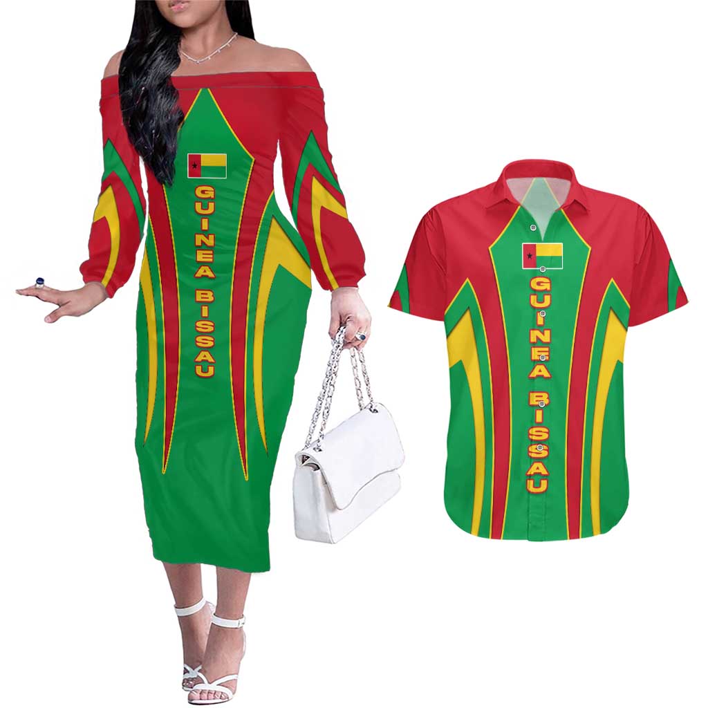 Guinea Bissau Couples Matching Off The Shoulder Long Sleeve Dress and Hawaiian Shirt with Red Green Yellow Stripe Design and Black Star - Wonder Print Shop