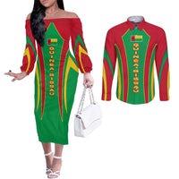 Guinea Bissau Couples Matching Off The Shoulder Long Sleeve Dress and Long Sleeve Button Shirt with Red Green Yellow Stripe Design and Black Star - Wonder Print Shop