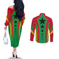 Guinea Bissau Couples Matching Off The Shoulder Long Sleeve Dress and Long Sleeve Button Shirt with Red Green Yellow Stripe Design and Black Star - Wonder Print Shop
