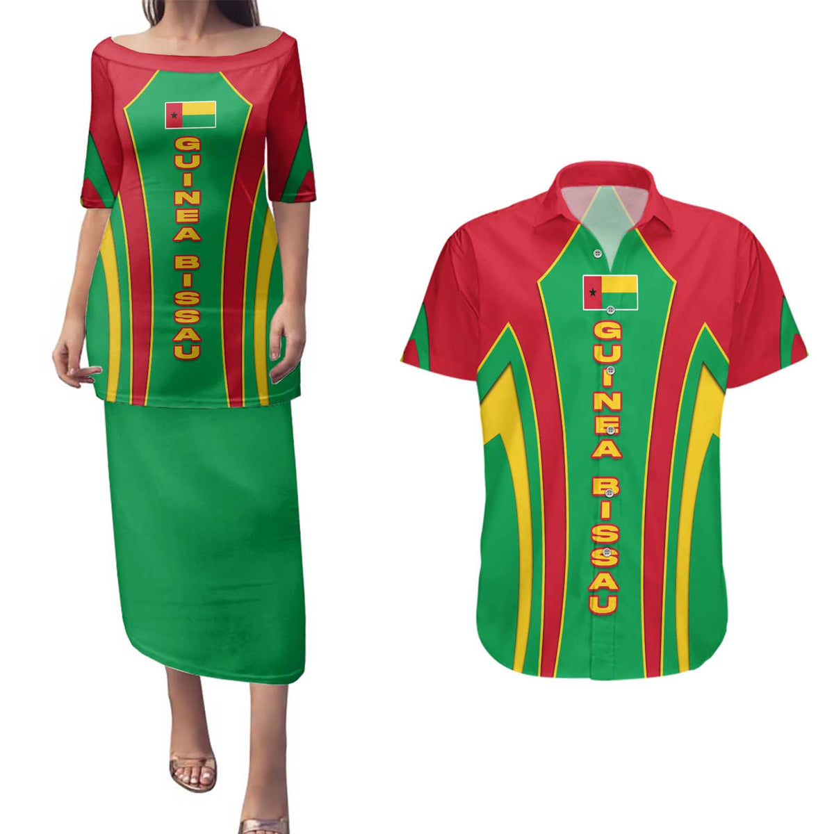 Guinea Bissau Couples Matching Puletasi and Hawaiian Shirt with Red Green Yellow Stripe Design and Black Star - Wonder Print Shop