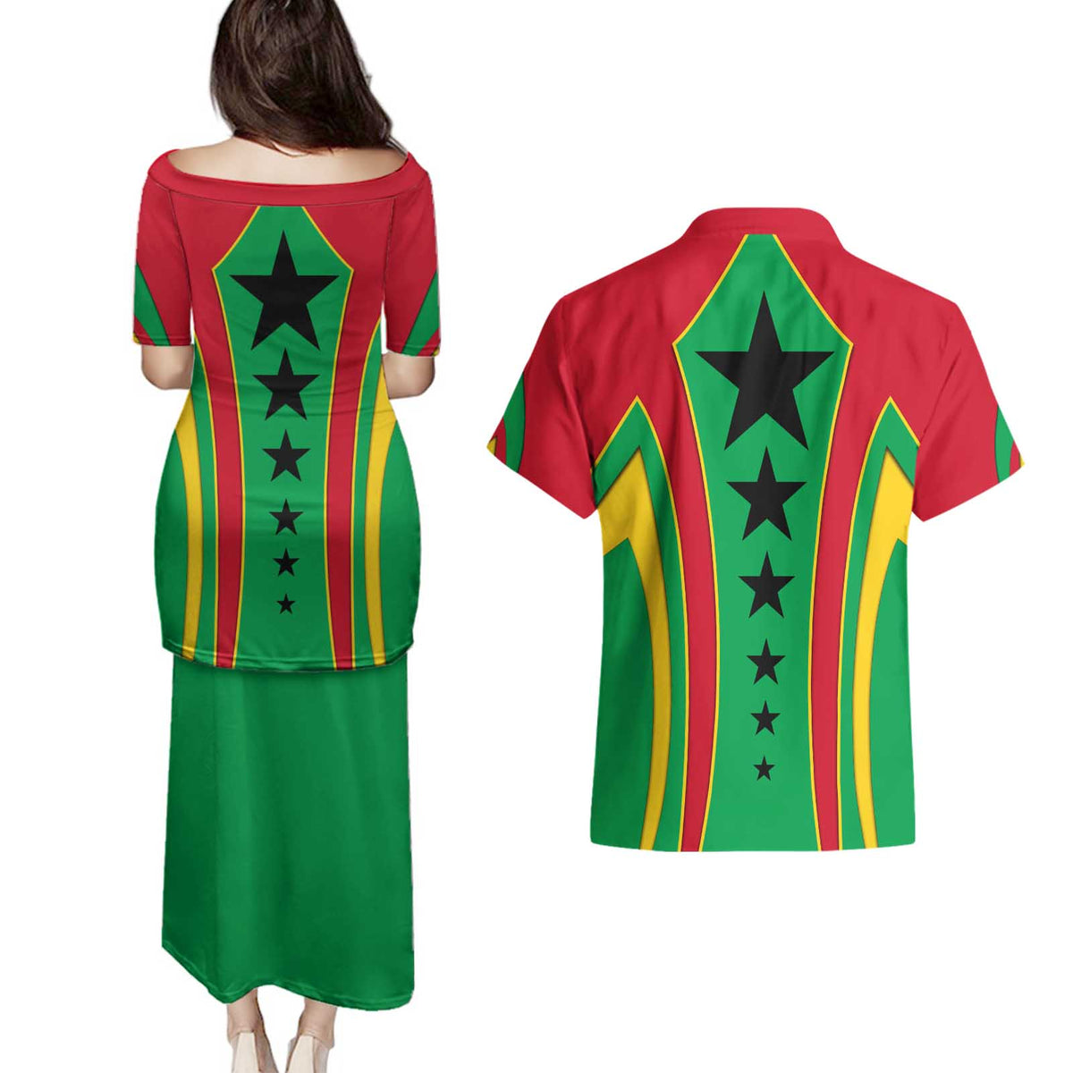 Guinea Bissau Couples Matching Puletasi and Hawaiian Shirt with Red Green Yellow Stripe Design and Black Star - Wonder Print Shop