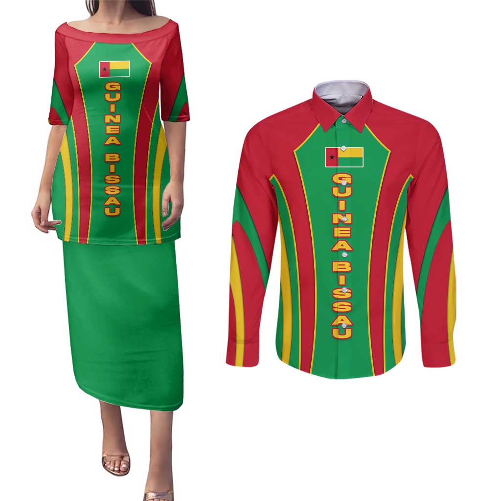 Guinea Bissau Couples Matching Puletasi and Long Sleeve Button Shirt with Red Green Yellow Stripe Design and Black Star - Wonder Print Shop