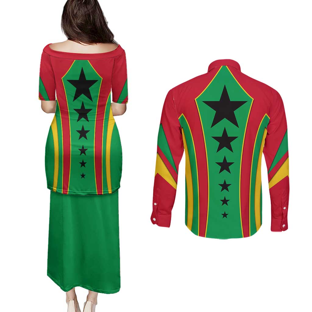 Guinea Bissau Couples Matching Puletasi and Long Sleeve Button Shirt with Red Green Yellow Stripe Design and Black Star - Wonder Print Shop