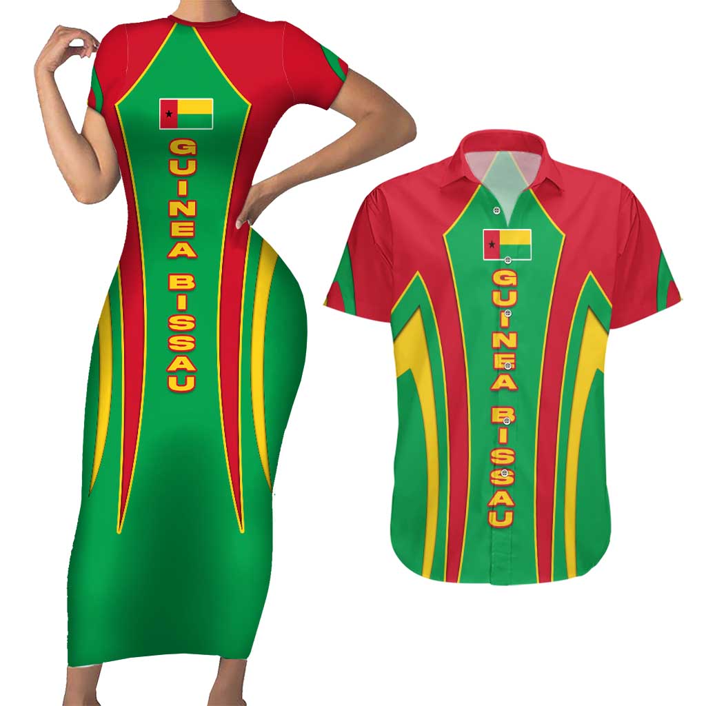 Guinea Bissau Couples Matching Short Sleeve Bodycon Dress and Hawaiian Shirt with Red Green Yellow Stripe Design and Black Star - Wonder Print Shop