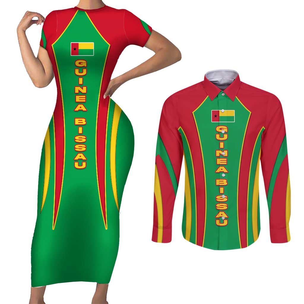Guinea Bissau Couples Matching Short Sleeve Bodycon Dress and Long Sleeve Button Shirt with Red Green Yellow Stripe Design and Black Star - Wonder Print Shop
