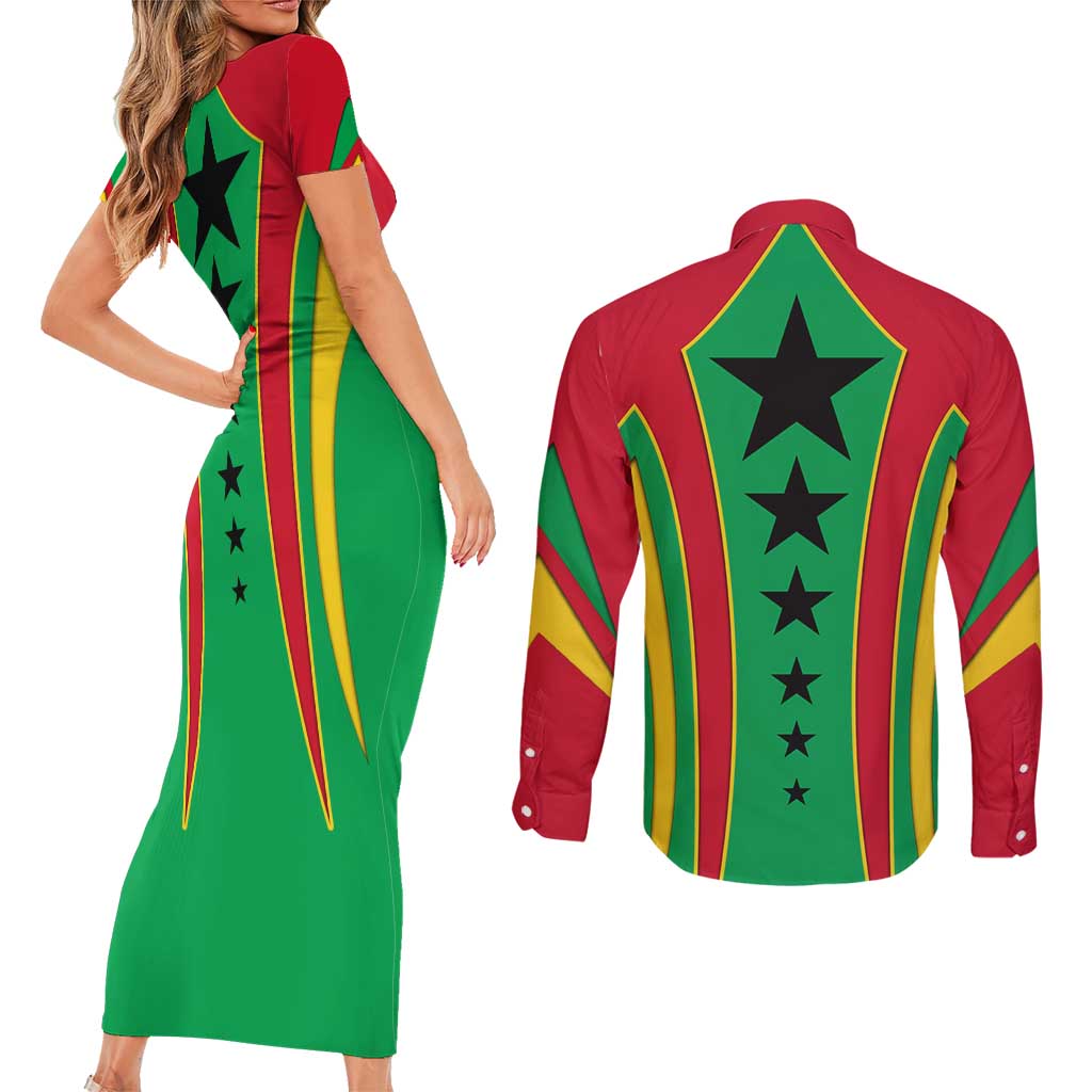 Guinea Bissau Couples Matching Short Sleeve Bodycon Dress and Long Sleeve Button Shirt with Red Green Yellow Stripe Design and Black Star - Wonder Print Shop