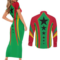 Guinea Bissau Couples Matching Short Sleeve Bodycon Dress and Long Sleeve Button Shirt with Red Green Yellow Stripe Design and Black Star - Wonder Print Shop