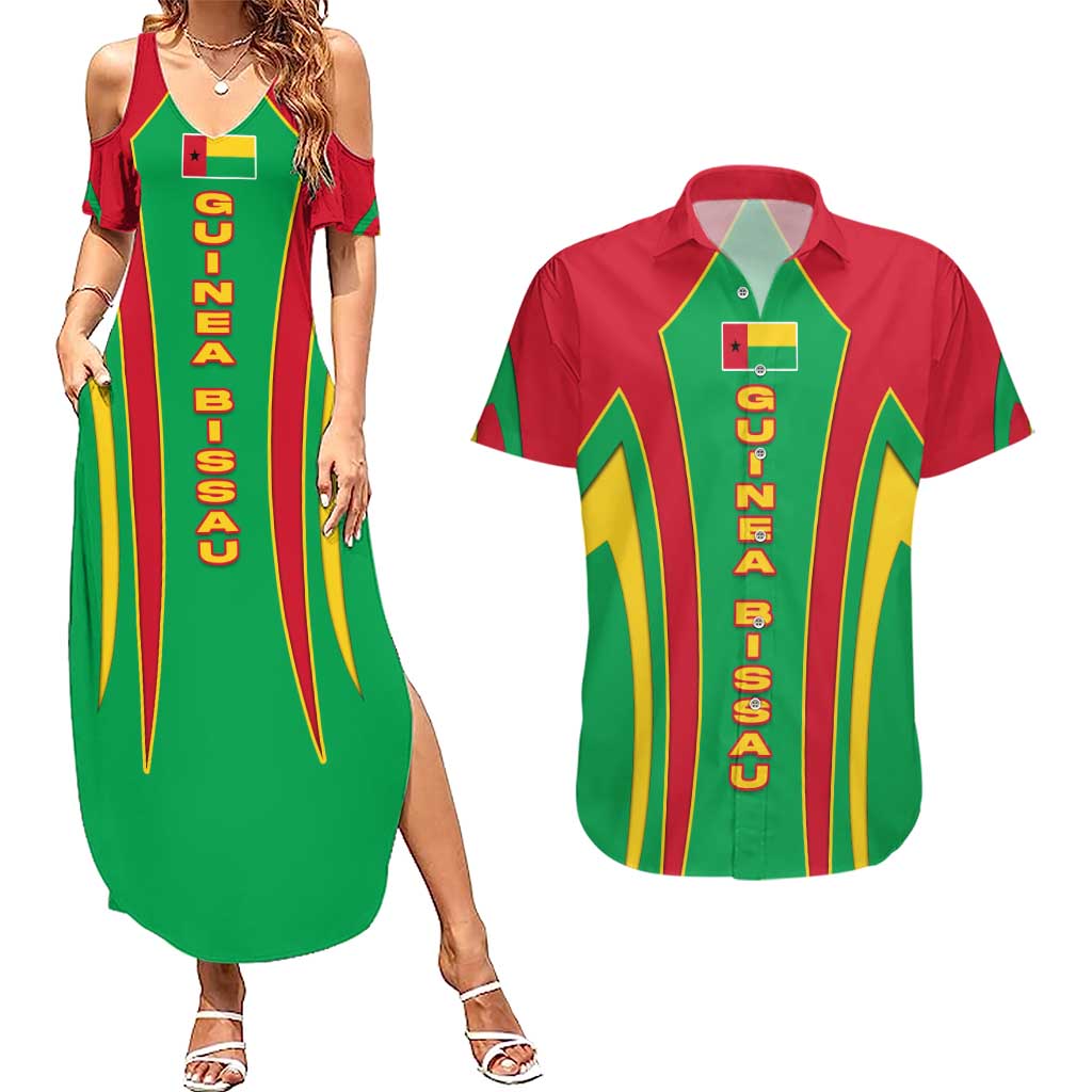 Guinea Bissau Couples Matching Summer Maxi Dress and Hawaiian Shirt with Red Green Yellow Stripe Design and Black Star - Wonder Print Shop