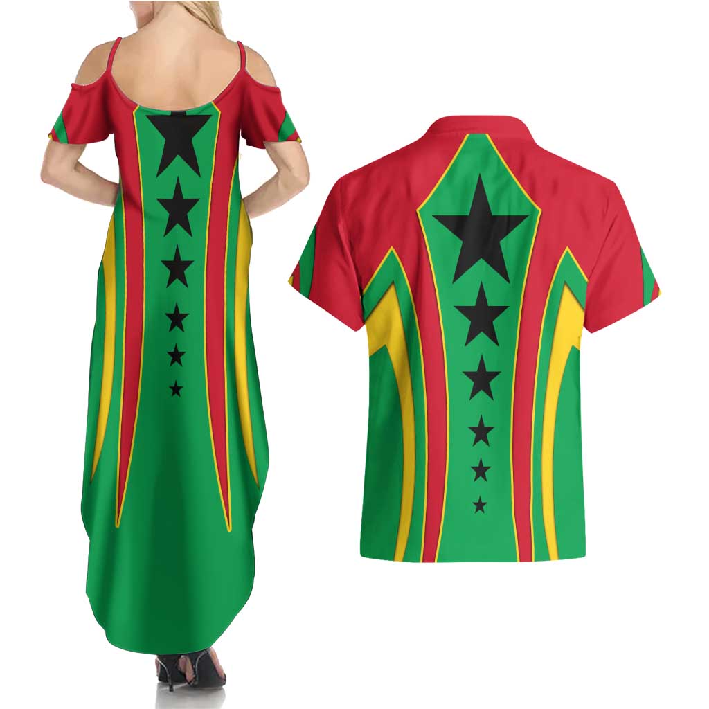 Guinea Bissau Couples Matching Summer Maxi Dress and Hawaiian Shirt with Red Green Yellow Stripe Design and Black Star - Wonder Print Shop