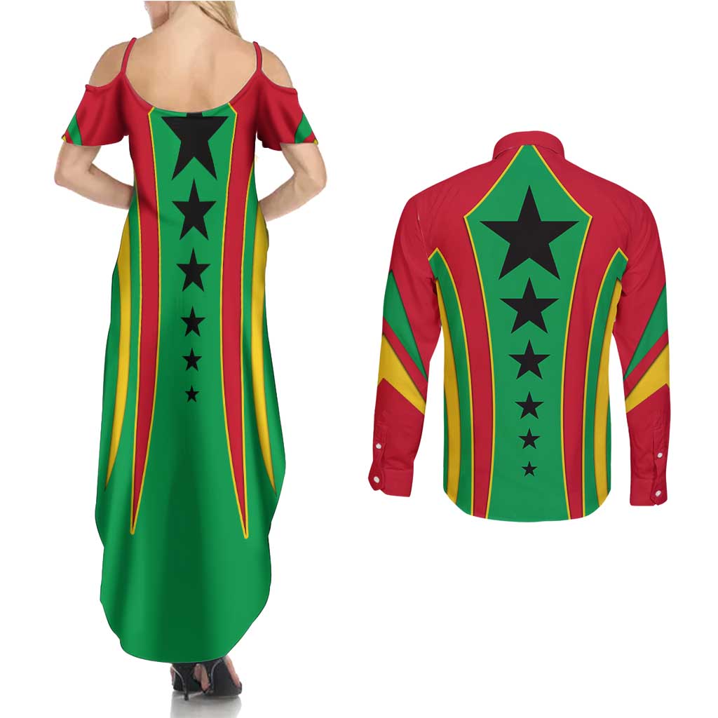 Guinea Bissau Couples Matching Summer Maxi Dress and Long Sleeve Button Shirt with Red Green Yellow Stripe Design and Black Star - Wonder Print Shop