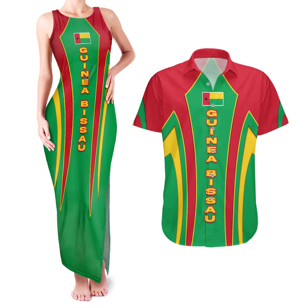 Guinea Bissau Couples Matching Tank Maxi Dress and Hawaiian Shirt with Red Green Yellow Stripe Design and Black Star - Wonder Print Shop