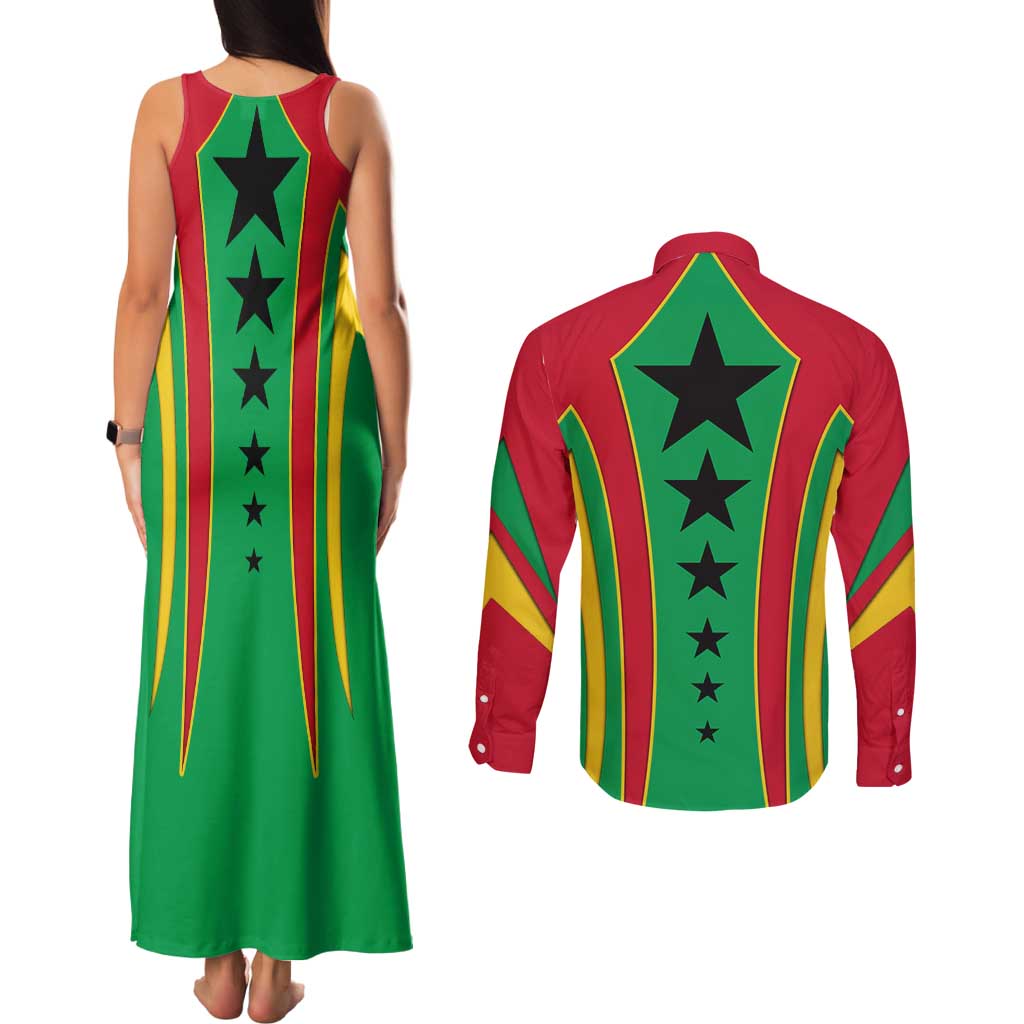 Guinea Bissau Couples Matching Tank Maxi Dress and Long Sleeve Button Shirt with Red Green Yellow Stripe Design and Black Star - Wonder Print Shop