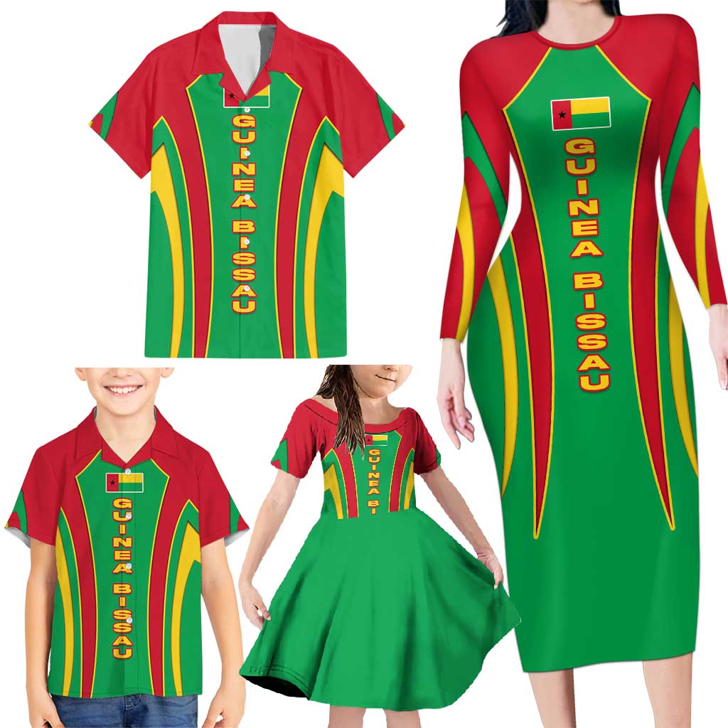 Guinea Bissau Family Matching Long Sleeve Bodycon Dress and Hawaiian Shirt with Red Green Yellow Stripe Design and Black Star - Wonder Print Shop