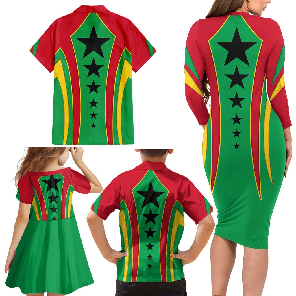 Guinea Bissau Family Matching Long Sleeve Bodycon Dress and Hawaiian Shirt with Red Green Yellow Stripe Design and Black Star - Wonder Print Shop