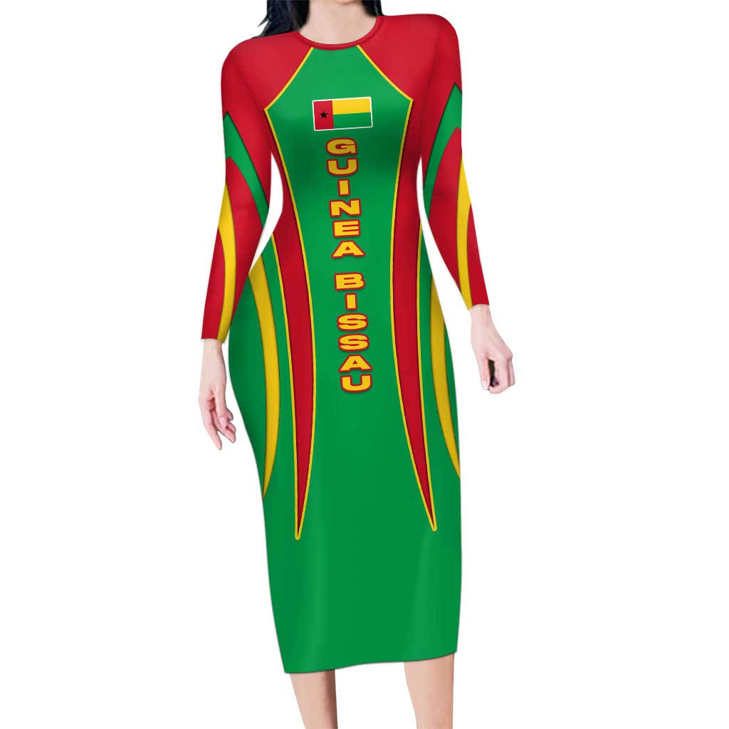 Guinea Bissau Family Matching Long Sleeve Bodycon Dress and Hawaiian Shirt with Red Green Yellow Stripe Design and Black Star - Wonder Print Shop