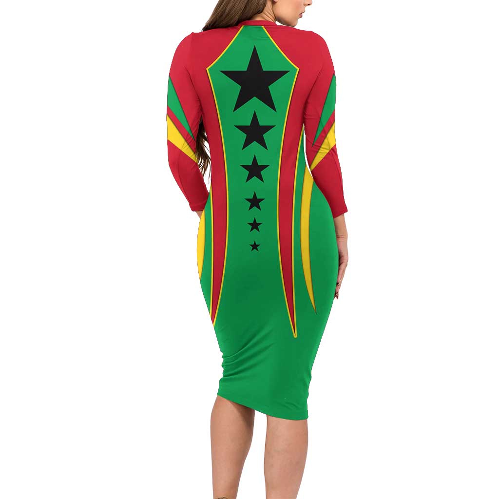 Guinea Bissau Family Matching Long Sleeve Bodycon Dress and Hawaiian Shirt with Red Green Yellow Stripe Design and Black Star - Wonder Print Shop