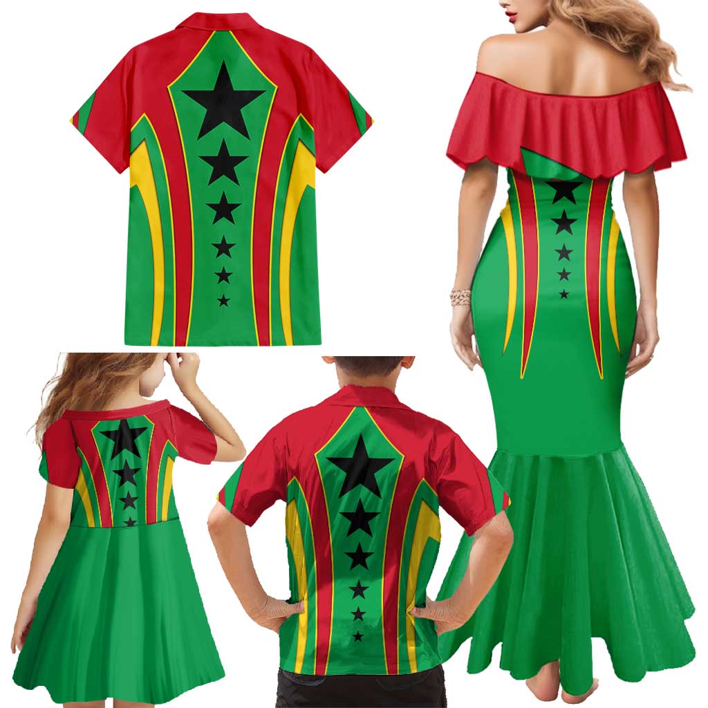 Guinea Bissau Family Matching Mermaid Dress and Hawaiian Shirt with Red Green Yellow Stripe Design and Black Star - Wonder Print Shop