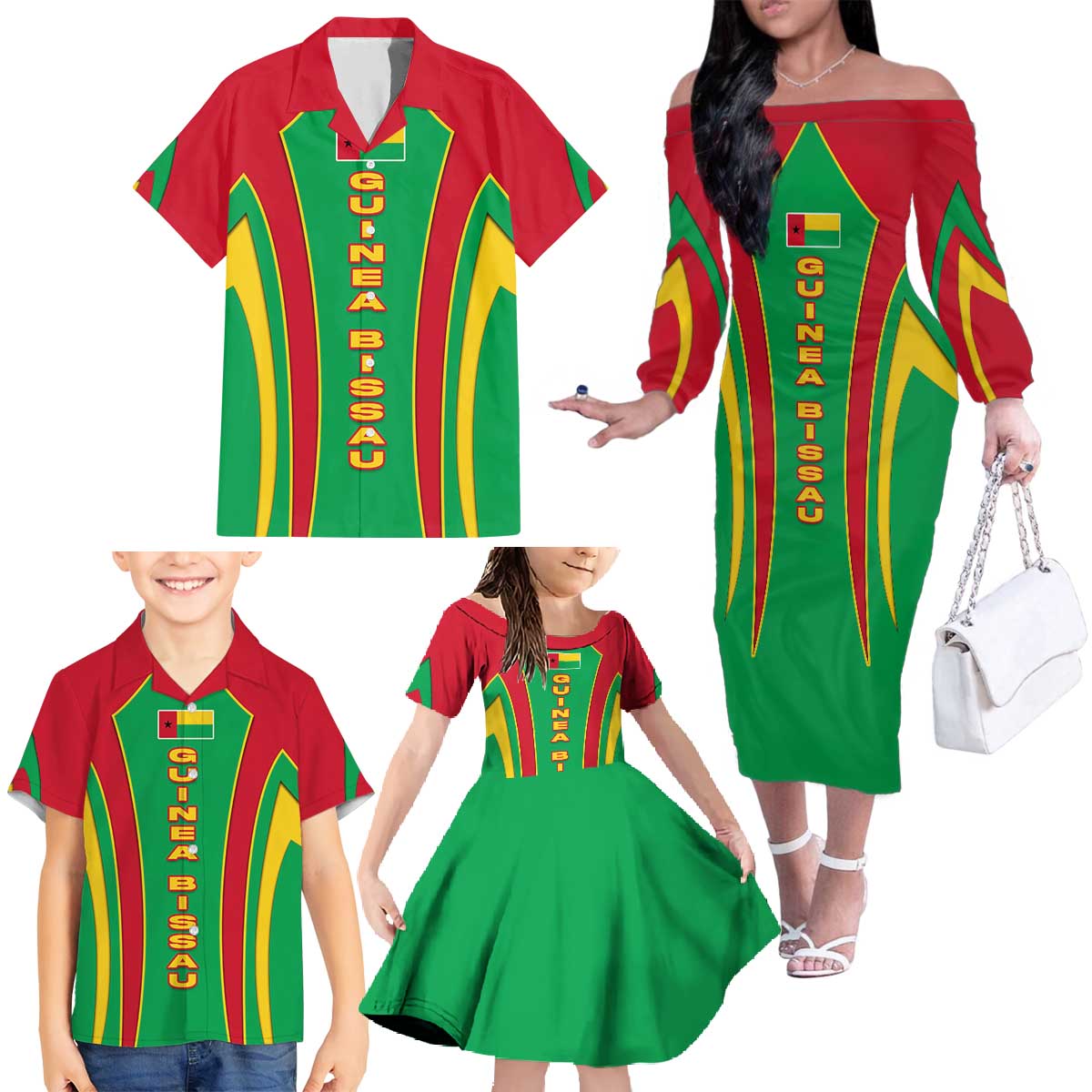 Guinea Bissau Family Matching Off The Shoulder Long Sleeve Dress and Hawaiian Shirt with Red Green Yellow Stripe Design and Black Star - Wonder Print Shop