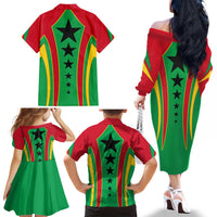 Guinea Bissau Family Matching Off The Shoulder Long Sleeve Dress and Hawaiian Shirt with Red Green Yellow Stripe Design and Black Star - Wonder Print Shop