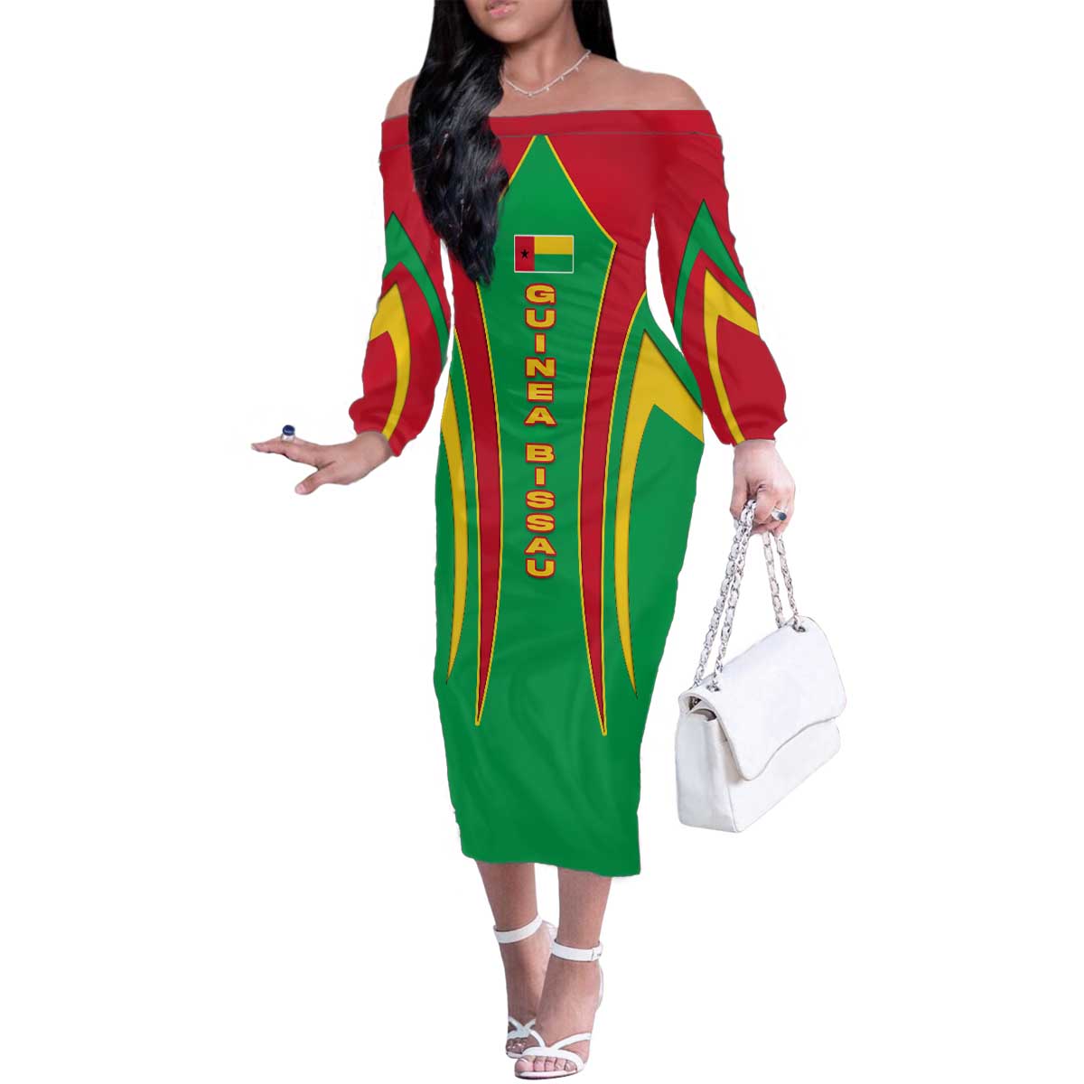 Guinea Bissau Family Matching Off The Shoulder Long Sleeve Dress and Hawaiian Shirt with Red Green Yellow Stripe Design and Black Star - Wonder Print Shop